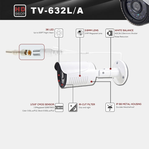 632A-H2 CE & RoHS Certificated Waterproof 3.6mm 5MP Lens AHD Camera with 36 IR LED, Support Night Vision & White Balance, 632A-L, 632A-H2, 632A-W