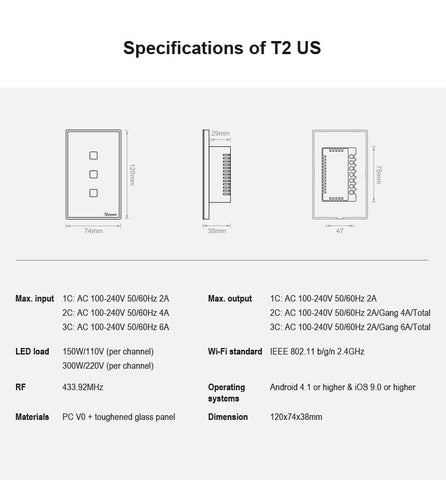 Sonoff T2 Touch 120mm Tempered Glass Panel Wall Switch Smart Home Light Touch Switch, Compatible with Alexa and Google Home, AC 100V-240V, US Plug, 120mm/ 1 US Plug