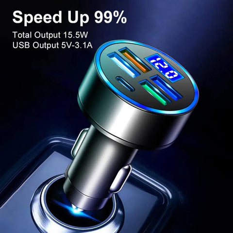 3.1A 5 in 1 Digital Display Car Charger with Voltmeter, SKU-04-4