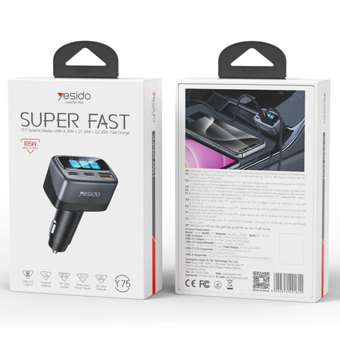 Yesido Y75 105W TFT Display Car Charger 3-Port 1 x USB-A & 2 x USB-C Fast Charging Car Adapter