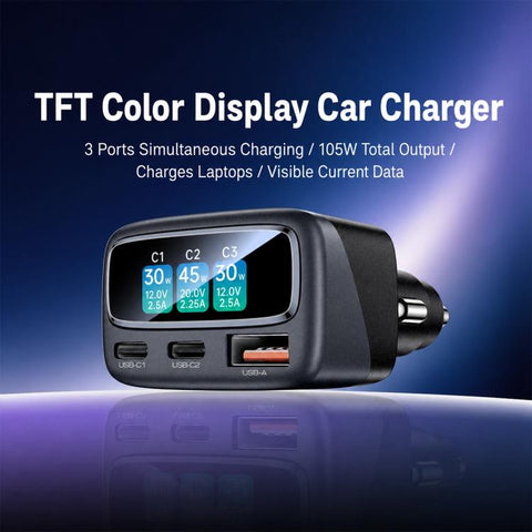 Yesido Y75 105W TFT Display Car Charger 3-Port 1 x USB-A & 2 x USB-C Fast Charging Car Adapter