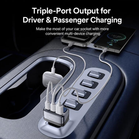 Yesido Y75 105W TFT Display Car Charger 3-Port 1 x USB-A & 2 x USB-C Fast Charging Car Adapter