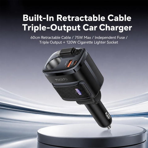 Yesido Y76 Cigarette Lighter Car Charger USB-A & Type-C Fast Charging Adapter with 60cm Type-C Retractable Cable