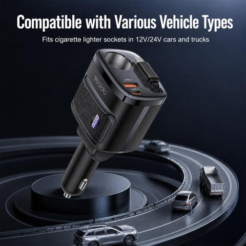 Yesido Y76 Cigarette Lighter Car Charger USB-A & Type-C Fast Charging Adapter with 60cm Type-C Retractable Cable
