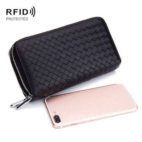 Sheepskin Weave Double Zipper Large Capacity Multiple-Card RFID Anti-Theft Wallet Bag