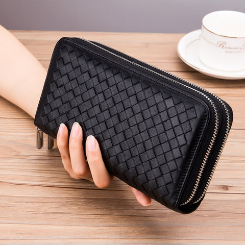 Sheepskin Weave Double Zipper Large Capacity Multiple-Card RFID Anti-Theft Wallet Bag