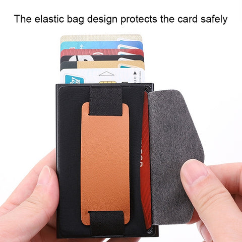 X-32C Automatically Pop-up Card Type Anti-magnetic RFID Anti-theft Men Aluminum Alloy A Dial Button Elastic Bag Wallet with PU Leather Strap, X-32C A Dial Button Black, X-32C A Dial Button Grey, X-32C A Dial Button Gold, X-32C A Dial Button Blue       ...