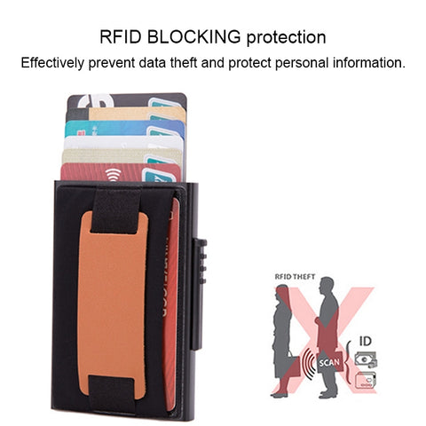 X-32C Automatically Pop-up Card Type Anti-magnetic RFID Anti-theft Men Aluminum Alloy A Dial Button Elastic Bag Wallet with PU Leather Strap, X-32C A Dial Button Black, X-32C A Dial Button Grey, X-32C A Dial Button Gold, X-32C A Dial Button Blue       ...