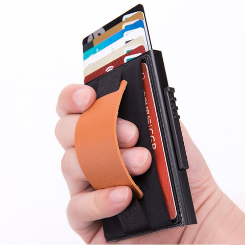 X-32C Automatically Pop-up Card Type Anti-magnetic RFID Anti-theft Men Aluminum Alloy A Dial Button Elastic Bag Wallet with PU Leather Strap, X-32C A Dial Button Black, X-32C A Dial Button Grey, X-32C A Dial Button Gold, X-32C A Dial Button Blue       ...