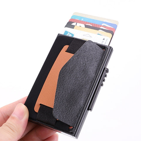 X-32C Automatically Pop-up Card Type Anti-magnetic RFID Anti-theft Men Aluminum Alloy A Dial Button Elastic Bag Wallet with PU Leather Strap, X-32C A Dial Button Black, X-32C A Dial Button Grey, X-32C A Dial Button Gold, X-32C A Dial Button Blue       ...
