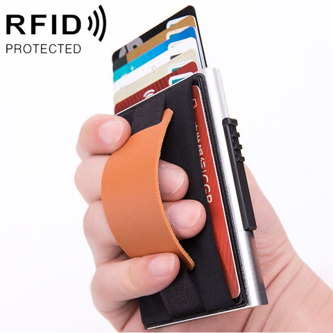 X-32C Automatically Pop-up Card Type Anti-magnetic RFID Anti-theft Men Aluminum Alloy A Dial Button Elastic Bag Wallet with PU Leather Strap, X-32C A Dial Button Black, X-32C A Dial Button Grey, X-32C A Dial Button Gold, X-32C A Dial Button Blue       ...