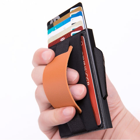 X-32C Automatically Pop-up Card Type Anti-magnetic RFID Anti-theft Men Aluminum Alloy B Dial Button Elastic Bag Wallet with PU Leather Strap, X-32C B Dial Button Black, X-32C B Dial Button Grey, X-32C B Dial Button Gold, X-32C B Dial Button Blue       ...