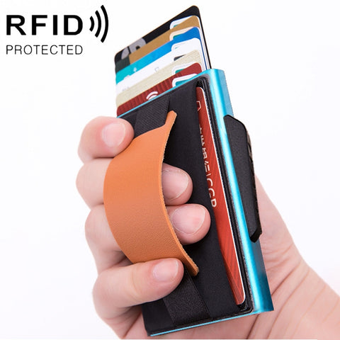 X-32C Automatically Pop-up Card Type Anti-magnetic RFID Anti-theft Men Aluminum Alloy B Dial Button Elastic Bag Wallet with PU Leather Strap, X-32C B Dial Button Black, X-32C B Dial Button Grey, X-32C B Dial Button Gold, X-32C B Dial Button Blue       ...