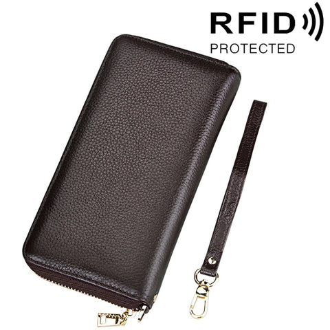 Genuine Cowhide Leather Litchi Texture Zipper Long Style Card Holder Wallet RFID Blocking Coin Purse Card Bag Protect Case with Hand Strap for Women, Size: 20*10.5*3cm