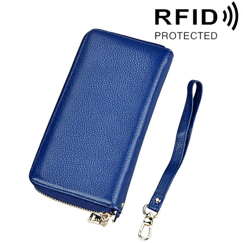 Genuine Cowhide Leather Litchi Texture Zipper Long Style Card Holder Wallet RFID Blocking Coin Purse Card Bag Protect Case with Hand Strap for Women, Size: 20*10.5*3cm