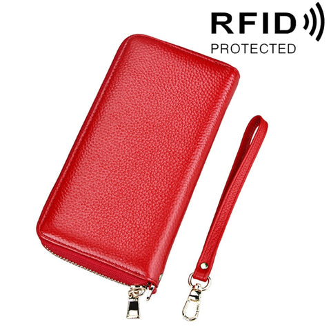 Genuine Cowhide Leather Litchi Texture Zipper Long Style Card Holder Wallet RFID Blocking Coin Purse Card Bag Protect Case with Hand Strap for Women, Size: 20*10.5*3cm