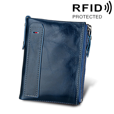 Genuine Cowhide Leather Crazy Horse Texture Dual Zipper Short Style Card Holder Wallet RFID Blocking Card Bag Protect Case for Men, Size: 12.1*9.4*2.7cm