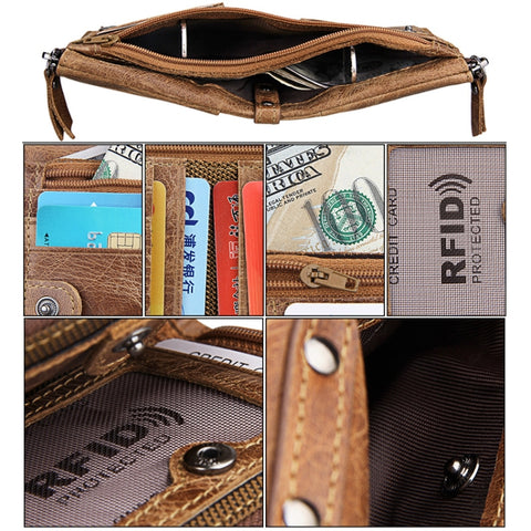 Genuine Cowhide Leather Crazy Horse Texture Dual Zipper Short Style Card Holder Wallet RFID Blocking Card Bag Protect Case for Men, Size: 12.1*9.4*2.7cm
