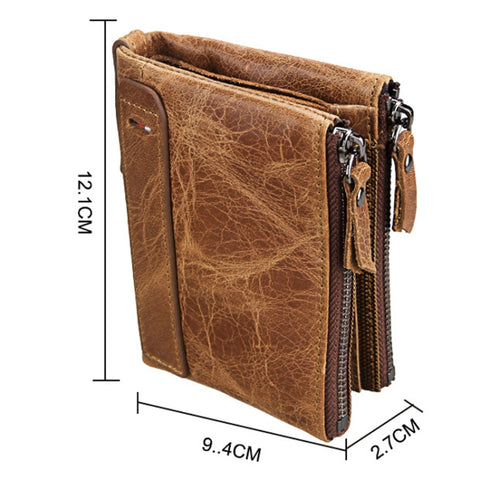 Genuine Cowhide Leather Crazy Horse Texture Dual Zipper Short Style Card Holder Wallet RFID Blocking Card Bag Protect Case for Men, Size: 12.1*9.4*2.7cm