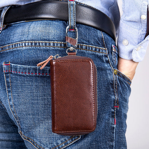 9101 Multi-function Waist Hanging Oil Wax Leather Zipper Wallet Keys Holder Bag