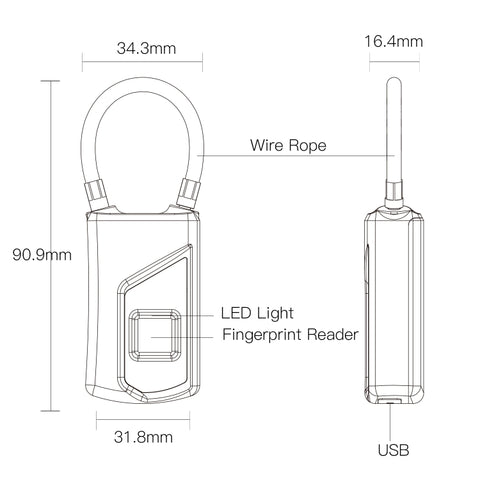Anytek USB Charging Waterproof Anti-theft Non-password Electrically Intelligent Fingerprint Padlock Size:3.2cm × 3.5cm × 9cm, Anytek USB Charging Padlock