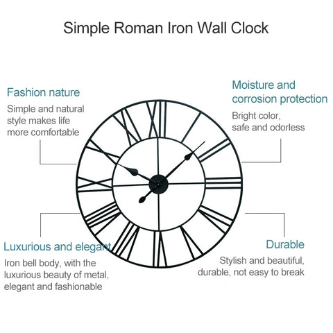 45cm Retro Living Room Iron Round Roman Numeral Mute Decorative Wall Clock, 45cm