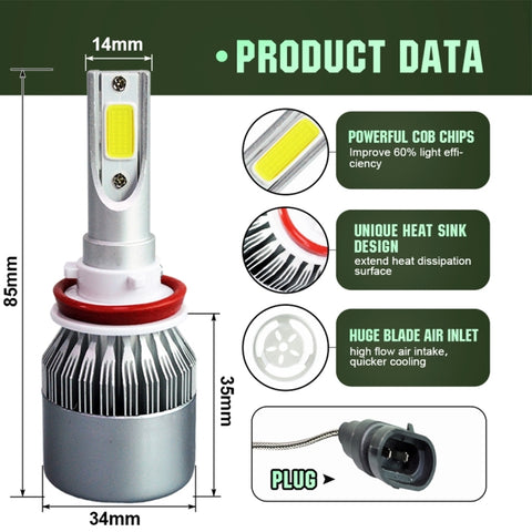 2pcs H8/H11 18W 1800LM 6000K Waterproof IP68 Car Auto LED Headlight with 2 COB LED Lamps, DC 9-36V, H8/H11