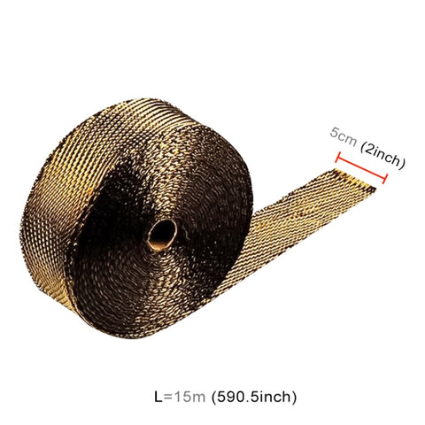 15m Titanium Gold Exhaust Wrap Auto Motor Exhaust Heat Shield Wrap Heat Resistant Wrap, 15m Titanium Gold
