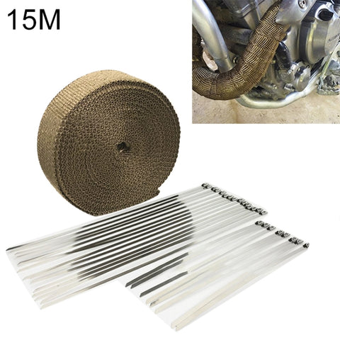 15m Titanium Gold Exhaust Wrap Auto Motor Exhaust Heat Shield Wrap Heat Resistant Wrap, 15m Titanium Gold