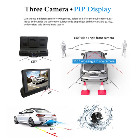 4.0 inch IPS Screen 5.0 Mega Pixels 170 Degrees Wide Angle Full HD 1080P 3 Channels Video Car DVR, Support Night Vision Fill Light / Reversing Visual / TF Card(32GB Max) / G-sensor / Motion Detection, 170 Degrees