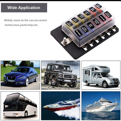 1 in 12 Out Fuse Box PC Terminal Block Fuse Holder Kits with LED Warning Indicator for Auto Car Truck Boat, 1 in 12 Out (PC Terminal Block)