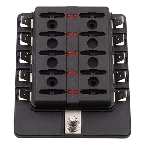 1 in 10 Out Fuse Box PC Terminal Block Fuse Holder Kits with LED Warning Indicator for Auto Car Truck Boat, 1 in 10 Out (PC Terminal Block)
