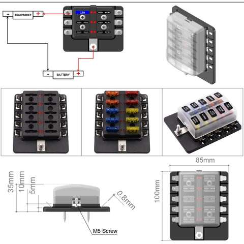 1 in 10 Out Fuse Box PC Terminal Block Fuse Holder Kits with LED Warning Indicator for Auto Car Truck Boat, 1 in 10 Out (PC Terminal Block)
