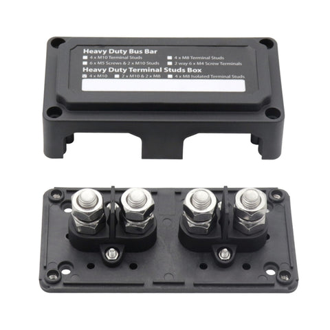 Max DC 48V 200A Heavy-Duty Module Design Bus Bar 4 M10 Terminal Studs Box Busbar for Car / RV / Boat, 200A
