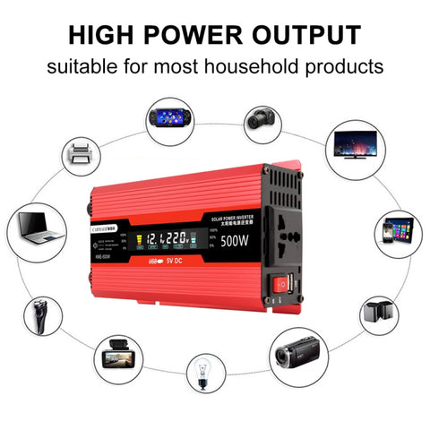 Carmaer Universal 12V to 220V 500W Car LCD Display Inverter Household Power Converter, Universal 12V to 220V 500W