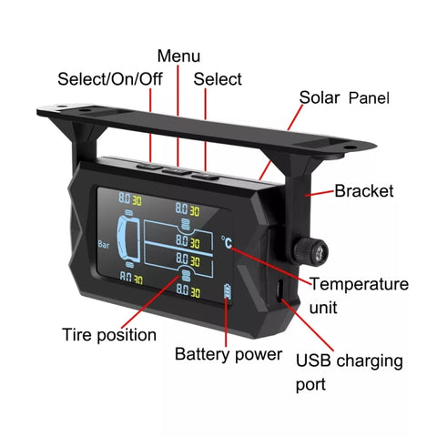 8 Bar Solar Wireless Tire Pressure Monitoring System TPMS 6 External Sensors for 6-wheel Truck Bus, 8Bar