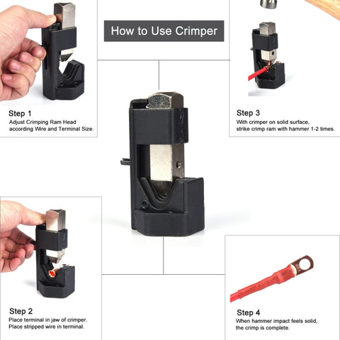 Car Battery Cable Hammer Crimper Hammer Lug Crimper Tool Pliers with T2 Copper 6 x 3/8 Heavy-duty Cold-pressed Wire Terminals, 6 x 3/8