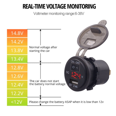 Universal Car Single Port USB Charger Power Outlet Adapter 2.4A 5V IP66 with LED Digital Voltmeter + Switch + 60cm Cable, 2.4A + Switch + 60cm Cable (Green Light), 2.4A + Switch + 60cm Cable (Red Light), 2.4A + Switch + 60cm Cable(Blue Light)