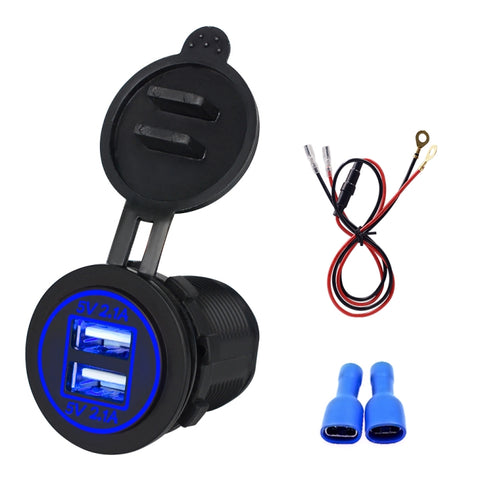 Universal Car Dual USB Charger Power Outlet Adapter 4.2A 5V IP66 with Aperture + 60cm Cable, 4.2A + 60cm Cable(Blue Light), 4.2A + 60cm Cable(Green Light), 4.2A + 60cm Cable(Orange Light), 4.2A + 60cm Cable(Red Light), 4.2A + 60cm Cable(White Light)