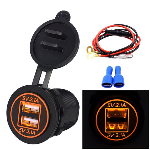 Universal Car Dual USB Charger Power Outlet Adapter 4.2A 5V IP66 with Aperture + 60cm Cable, 4.2A + 60cm Cable(Blue Light), 4.2A + 60cm Cable(Green Light), 4.2A + 60cm Cable(Orange Light), 4.2A + 60cm Cable(Red Light), 4.2A + 60cm Cable(White Light)