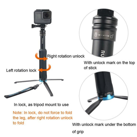 Portable Foldable Tripod Holder Selfie Monopod Stick for DJI, Insta360, GoPro and Other Action Cameras, Length: 23.5-81cm, RUIGPRO