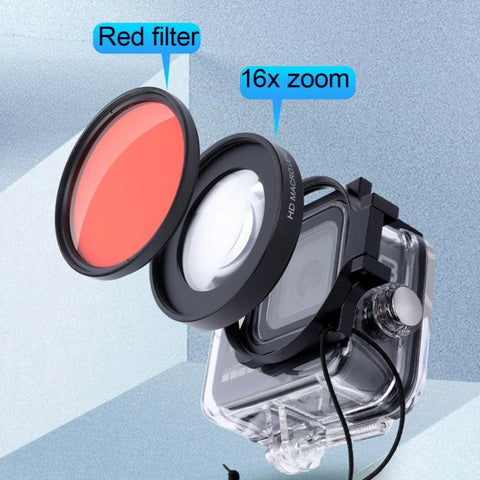 RUIGPRO for GoPro HERO8 58mm 16X Macro Lens + Red/Purple Diving Lens  Filter + Dive Housing Waterproof Case Kits with Filter Adapter Ring & Lens Cap