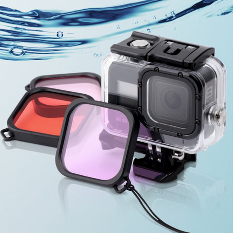 For GoPro HERO8 Black 45m Waterproof Housing Protective Case with Buckle Basic Mount & Screw & (Purple, Red, Pink) Filters & Floating Bobber Grip & Strap & Anti-Fog Inserts, Black HERO8 Case+Filters