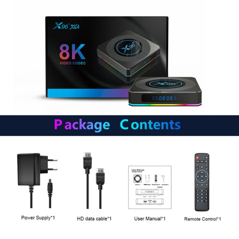 X96 X4 8K Smart TV BOX Android 11.0 Media Player with Remote Control, Amlogic S905X4 Quad Core ARM Cortex A55, RAM: 4GB, ROM: 32GB, Support 100M, Dual Band WiFi, Bluetooth, EU Plug, 4GB+32GB