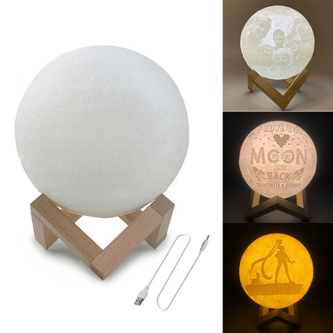 Customized Patted 3-color 3D Print Moon Lamp USB Charging Energy-saving LED Night Light with Wooden Holder Base, 8cm, 10cm, 13cm, 15cm, 18cm, 20cm
