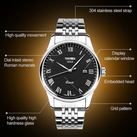 SKMEI 9058 Multifunctional Outdoor Fashion Waterproof Steel Strip Quartz Wrist Watch, Men Style Black, Men Style White, Men Style Blue, Women Style Black, Women Style White, Women Style Blue