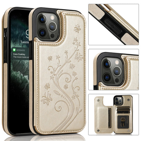 Butterflies Flowers Double Buckle PU + TPU Protective Case with Holder & Card Slots & Photo Frame, For iPhone 12 mini, For iPhone 12 / 12 Pro, For iPhone 12 Pro Max