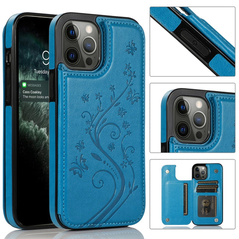 Butterflies Flowers Double Buckle PU + TPU Protective Case with Holder & Card Slots & Photo Frame, For iPhone 12 mini, For iPhone 12 / 12 Pro, For iPhone 12 Pro Max
