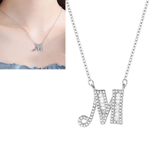Women Fashion S925 Sterling Silver English Alphabet Pendant Necklace, A, B, C, D, E, F, G, H, I, J, K, L, M, N, O, P, Q, R, S, T, U, V, W, X, Y, Z