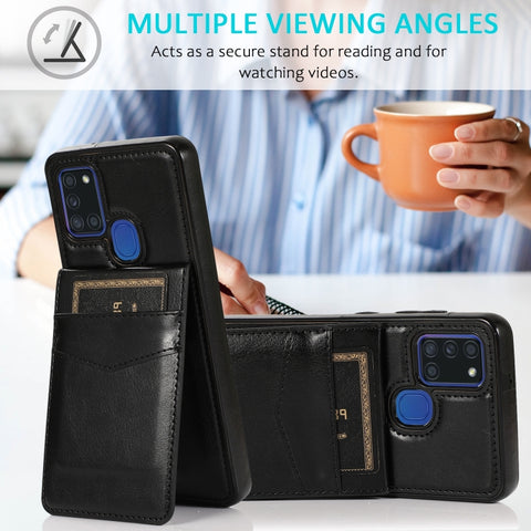 Solid Color PC + TPU Protective Case with Holder & Card Slots, For Samsung Galaxy A21s